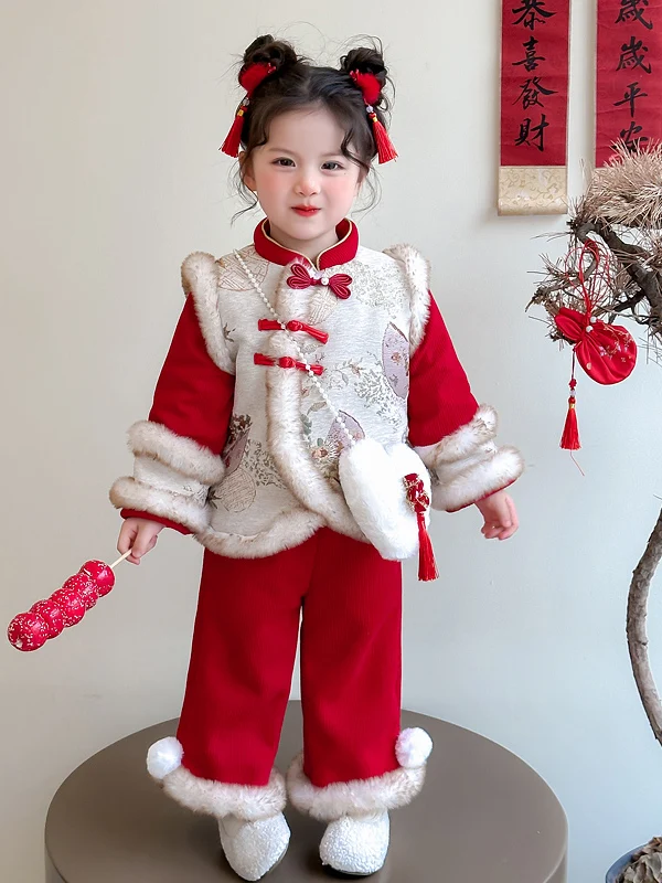 

Зимний наряд Thiened Fce для маленьких девочек, традиционная китайская новогодняя праздничная одежда, костюм Ханфу Тан для маленьких девочек