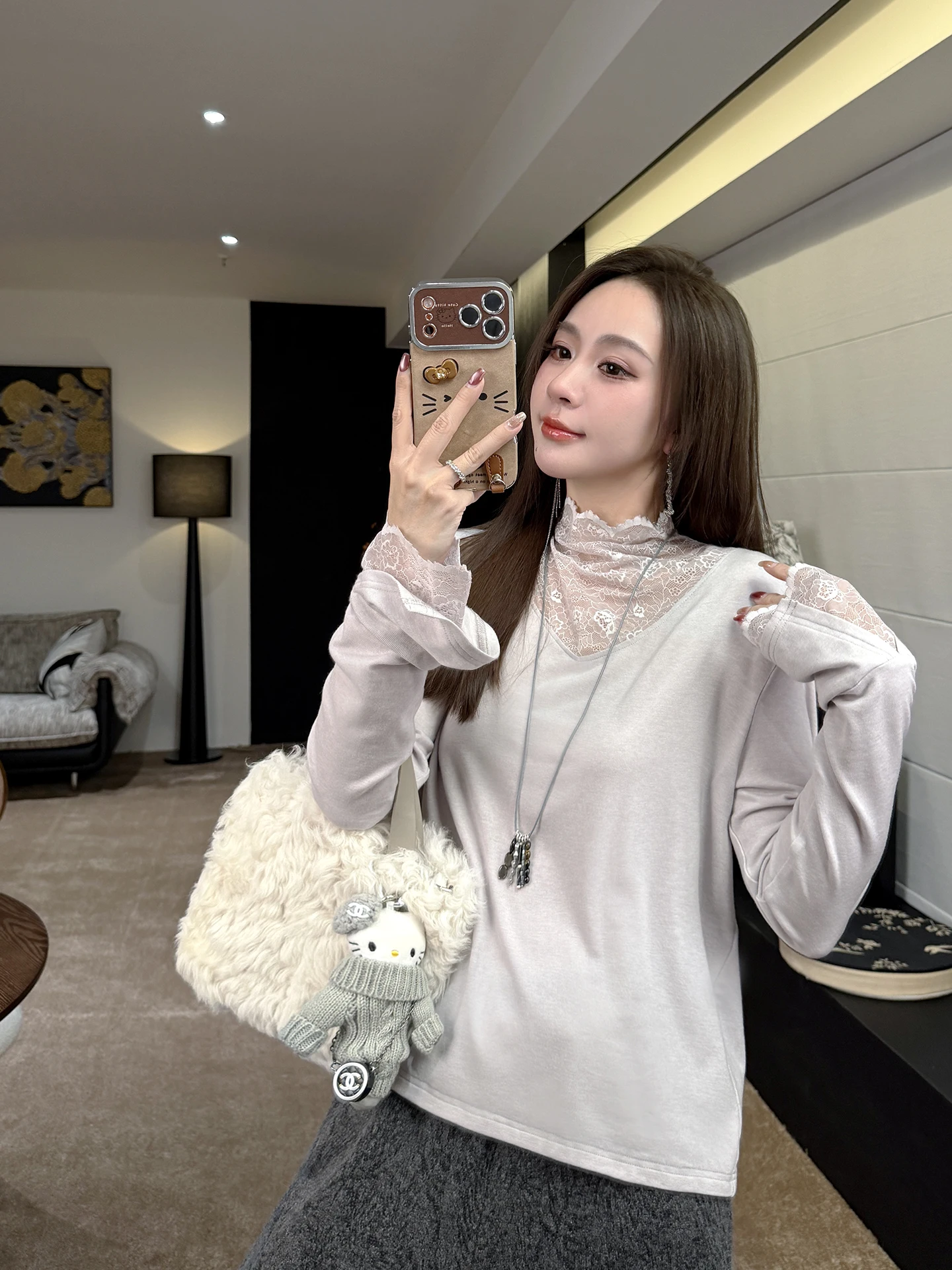 

Zhang ei Cozy Together 76 Lanxim Tianli 20 Wool Purple Lace Collar Base irt Korean Sle Commute Long Sve T-irt