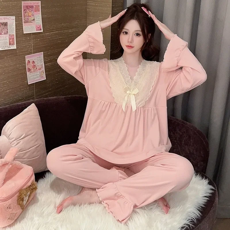 Pajama Sets Women Velvet Ins V-neck Lace Long Sleeve Trousers Homewear Autumn Elegant Tender Nightwear Sweet Pyjamas Feminino