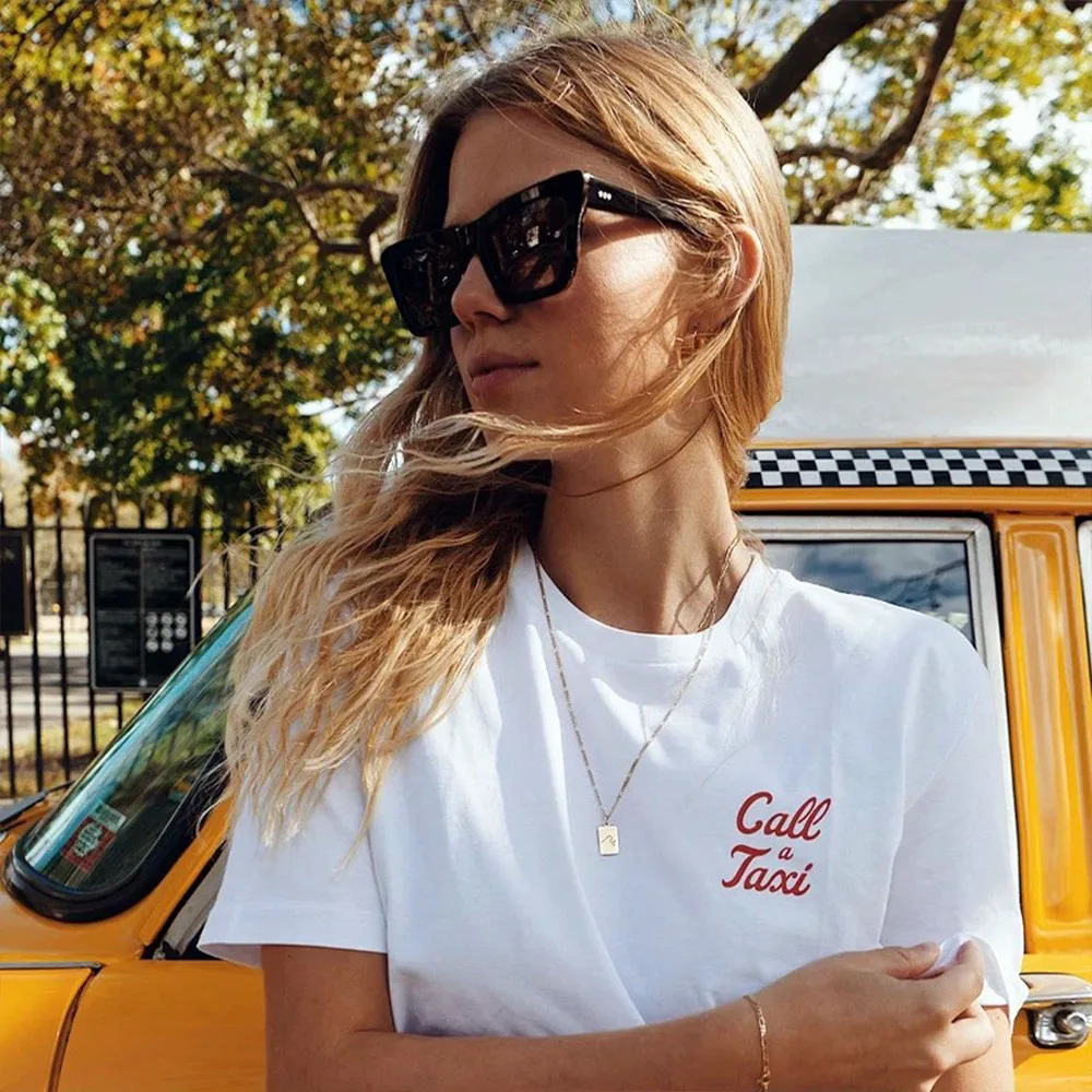 Call a Taxi Pocket Letters Printing Summer Casual T Shirts Female White Short Sleeve Loose Tops Vintage Style Cotton Tees