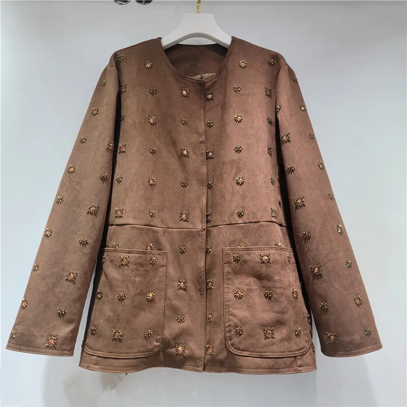 HKSH printemps automne nouvelles femmes veste Faux daim artisanat lourd perlé col rond poches élégant Streetwear français élégant manteaux HK12009