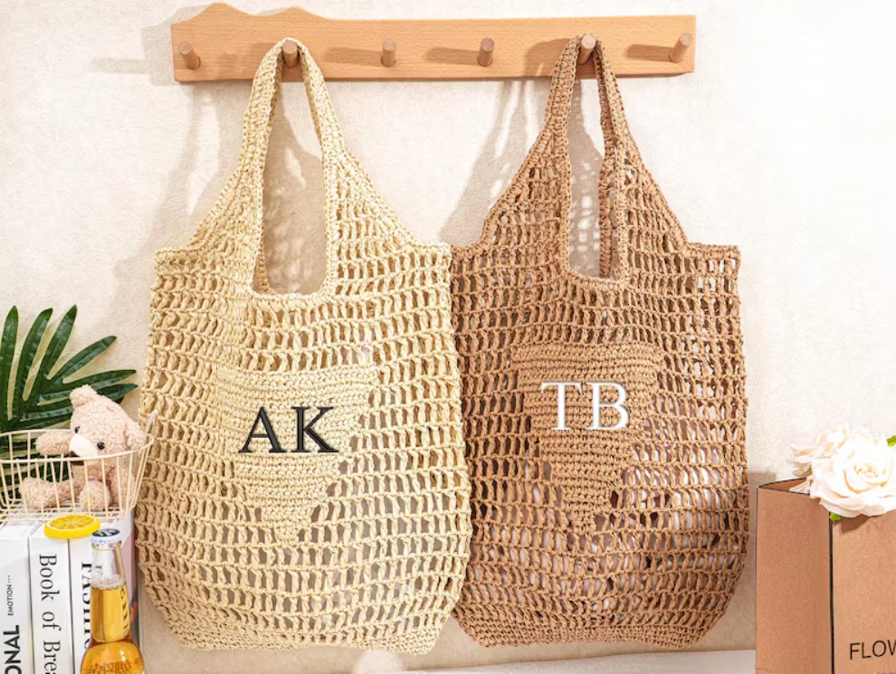 Personalized Raffia Beach Tote: Embroidered Monogrammed Straw Bag, Party Favor, Bachelorette Party Gift, Bridal Shower Bag
