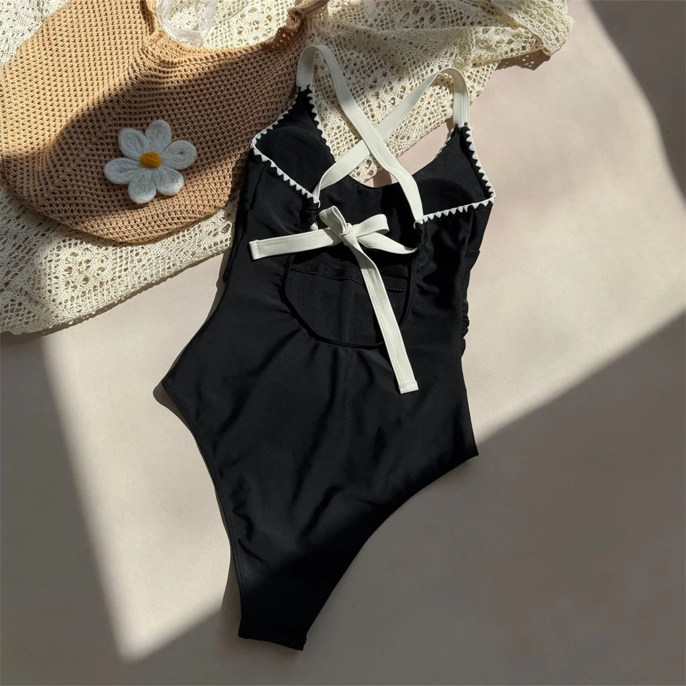 

Сексуальный открытый бандажный купальник-бикини с открытой спиной, черный монокини с перекрестными бретелями, купальник для отпуска, пляжный наряд, купальный костюм