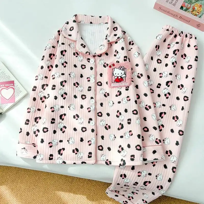 

Новинка! Теплый стильный комплект пижамы Sanrio Hello Kitty с мультяшным принтом, кардиган и брюки, для детей, осень-зима, с длинными рукавами и штанами, большие размеры.