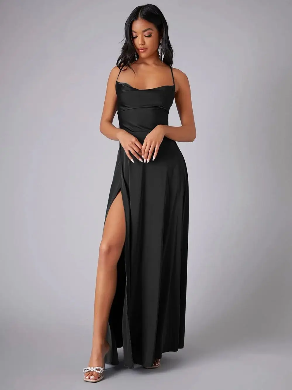 Abito da sera lungo in raso per donna Sexy Slim Spaghetti Strap Backless Dresses Party Club Wear Lady Cocktail Dress Gown