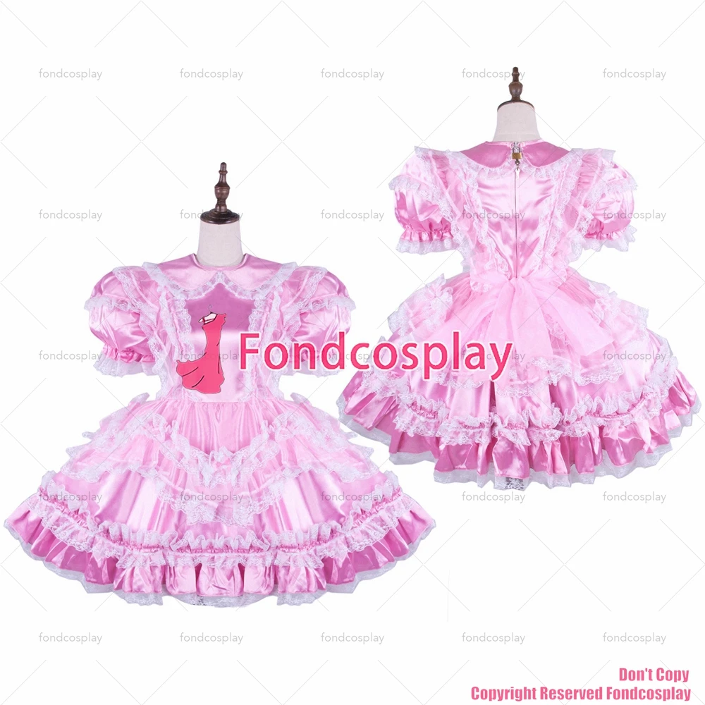 fondcosplay adult sexy cross dressing sissy maid lockable baby pink Satin dress Uniform Peter Pan collar CD/TV[G1580]