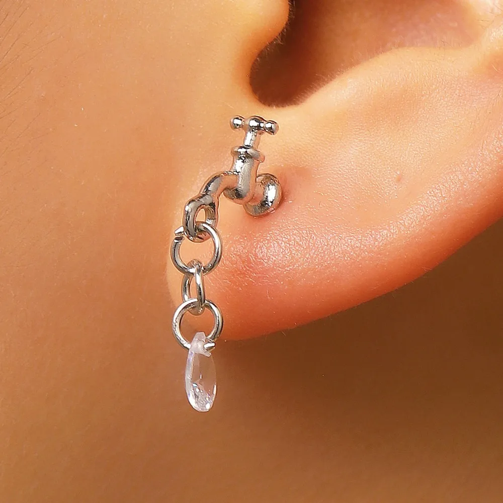 Creative Funny Creative Faucet Water Drop Earrings Silver Color Chain Zircon Dangle Stud Earrings for Women Statement Jewelry