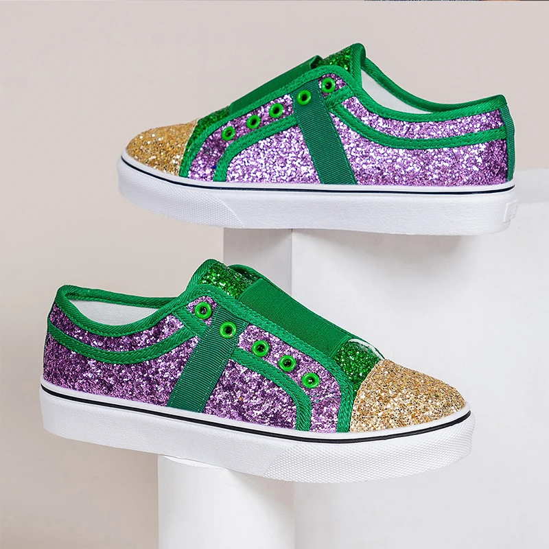 Bling Glitter Sneakers Woman Fashion Green Purple Color Mixed Vulcanized Shoes Ladies Elastic Band Slip-on Flat Tennis Loafers