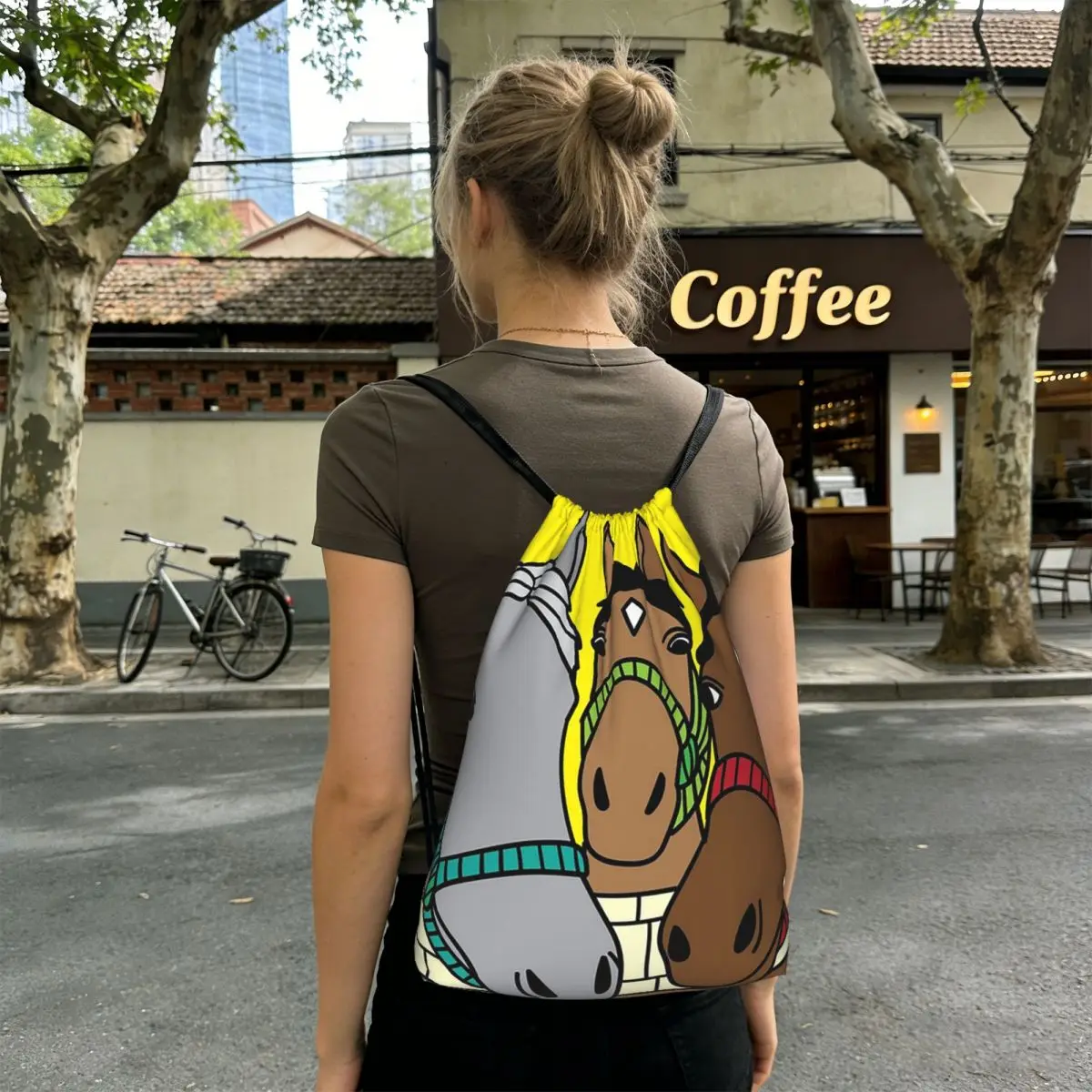 Three Cartoon Horse In Fences Backpacks Fashion Drawstring Bags Shoes Bag Book Bags for Travel School