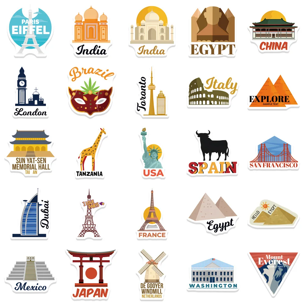 50 قطعة معالم المدينة العالمية ملصقات الكتابة على الجدران الهاتف الغيتار المحمول دفتر حقيبة كوب ملصق مضاد للمياه الشارات لعب الاطفال