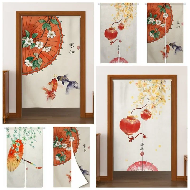 Chinese Door Curtain Umbrella Goldfish Lantern Flower Dining Room Velcro Doorway Curtains Kitchen Entrance Hanging Half Curtains