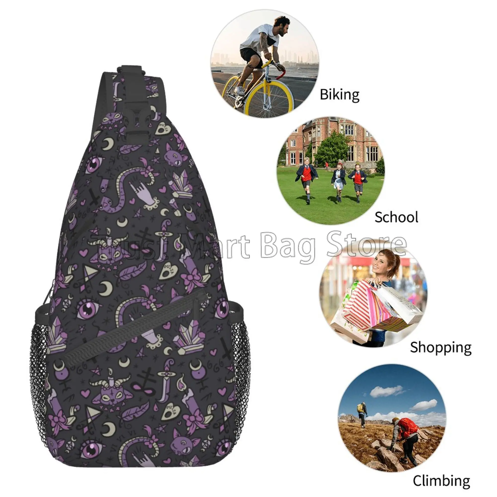 Gray Purple Black Goth Spooky Sling Bag Crossbody Shoulder Bag Casual Sling Backpack Chest Bag Travel Hiking Daypack for Outdoor