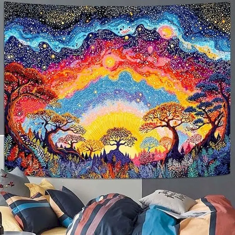 VIKAMA Psychedelic Forest Sunset Tapestry Wall Hanging, 6 Designs, Wall Decor for Bedroom Living Room Dorm