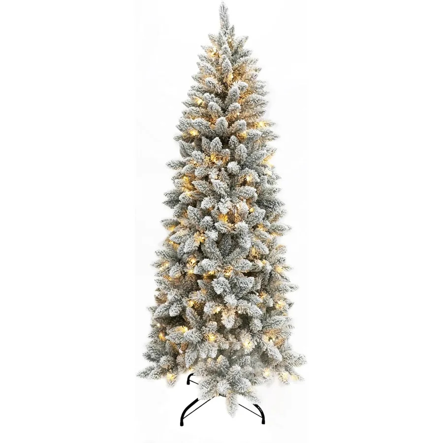 

Prelit Snow Flocked Pencil Christmas Tree Slim X-mas Tree with LED Lights Folding Metal Stand Perfect for Holiday Indoor Decor