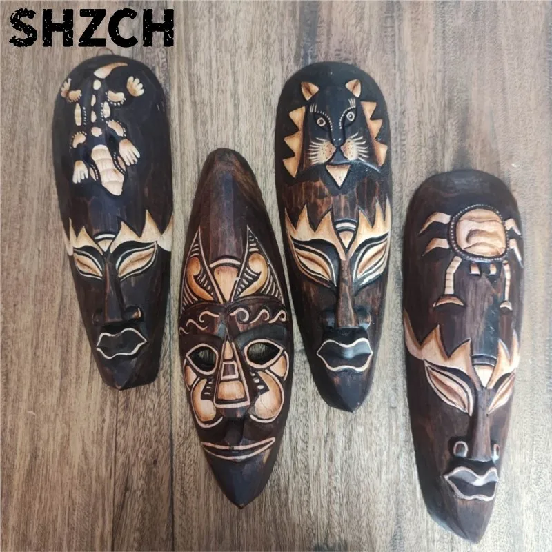 Ethnic Minority Retro Mask Full Face Ethnic Style Decoration Wood Carving Pure Handmade Bar Solid Wood Wall Decoration ZJ38