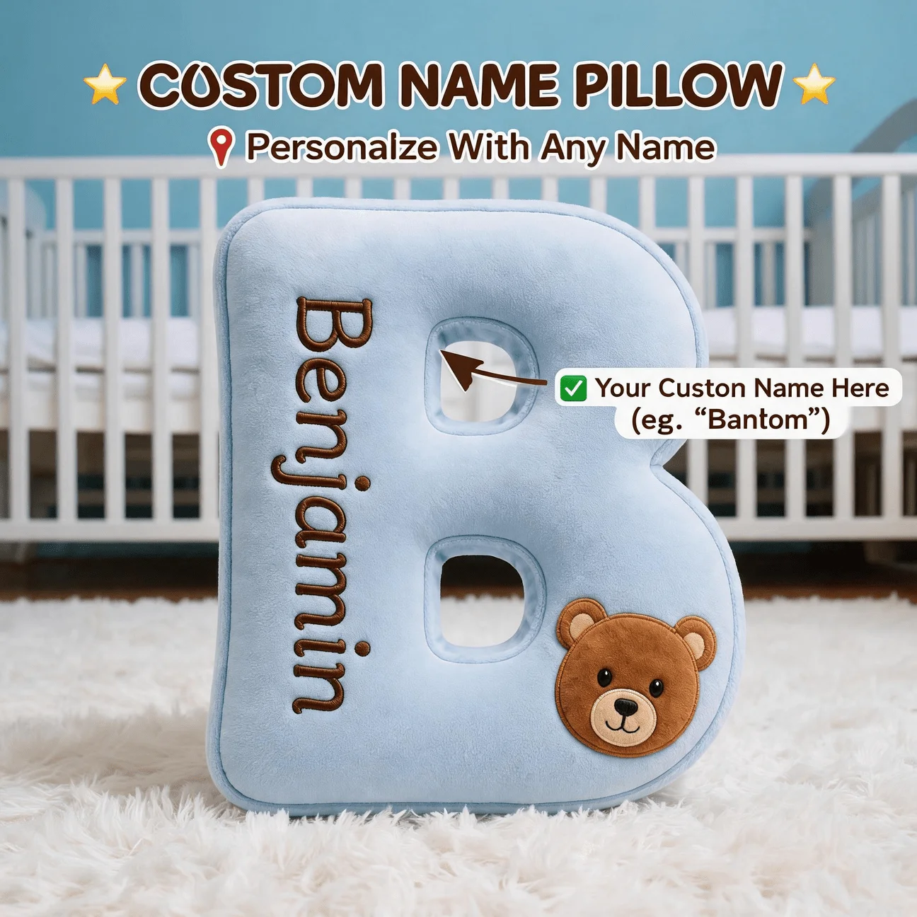 Custom Photo Letter B Shaped Pillow Cute Bear Design Light Blue Decor Cushion for Sofa Bedroom Unique Gift for Adult Kid Friends