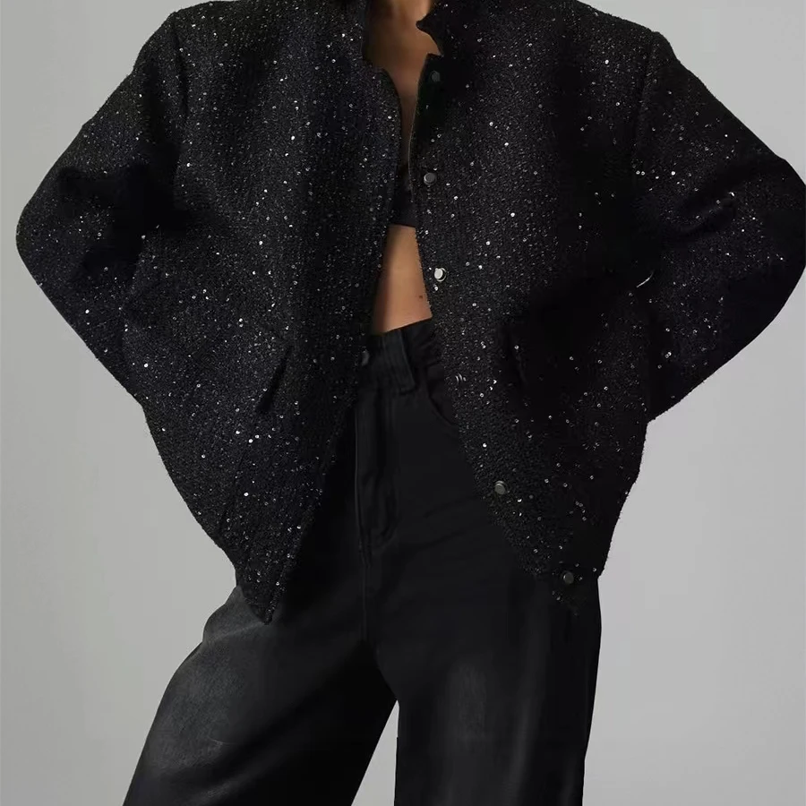 

Fashionable Gold Sequin Loose Jacket Stand Collar Women's Short Outerwear Polyester Long Sleeve European Style Regular Fit