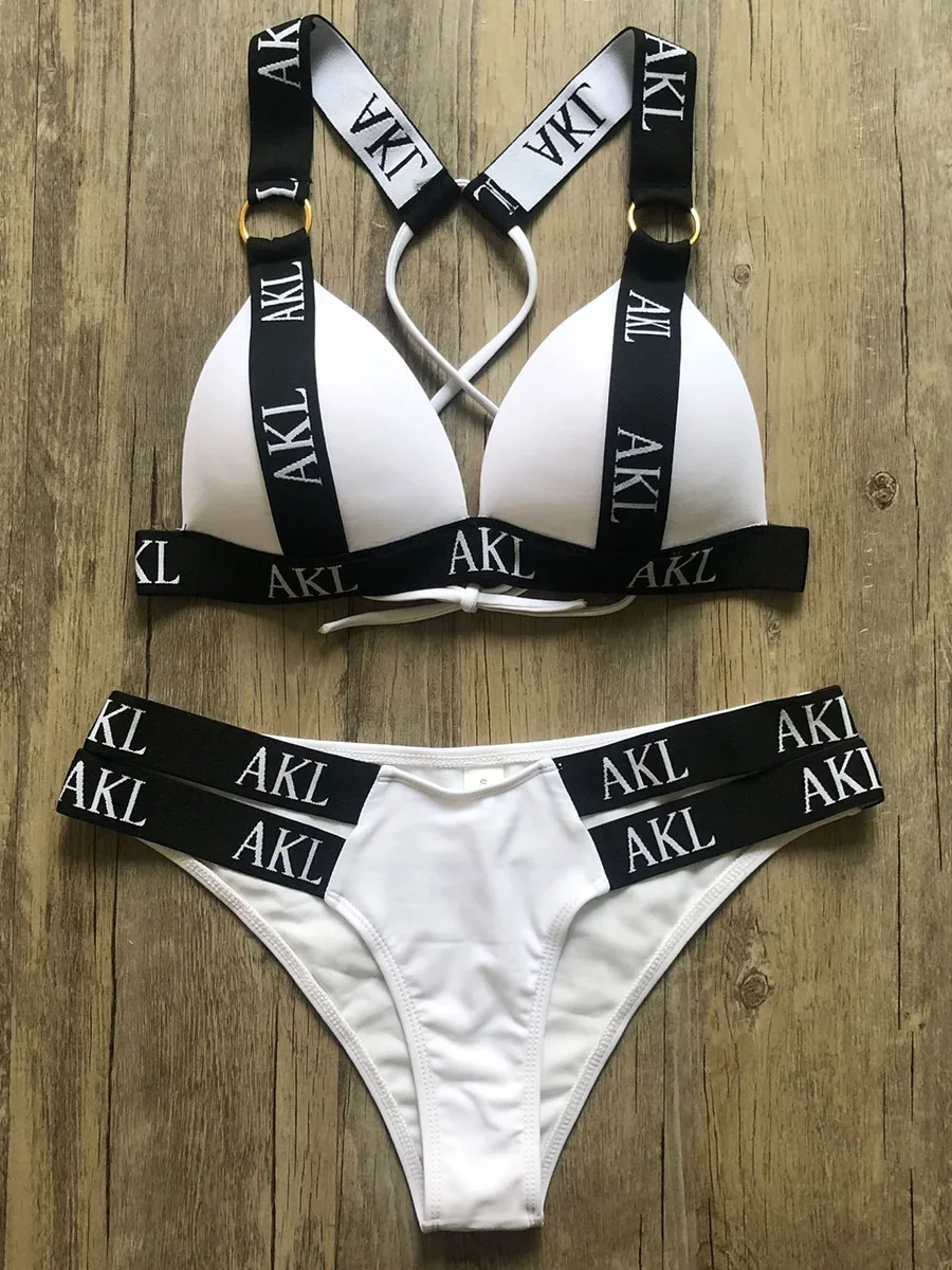 여성용 섹시한 레터 프린트 푸시업 비키니 수영복, 투피스 비키니 세트, 브라 컵, 목욕 세트, 수영 비치웨어, 2024