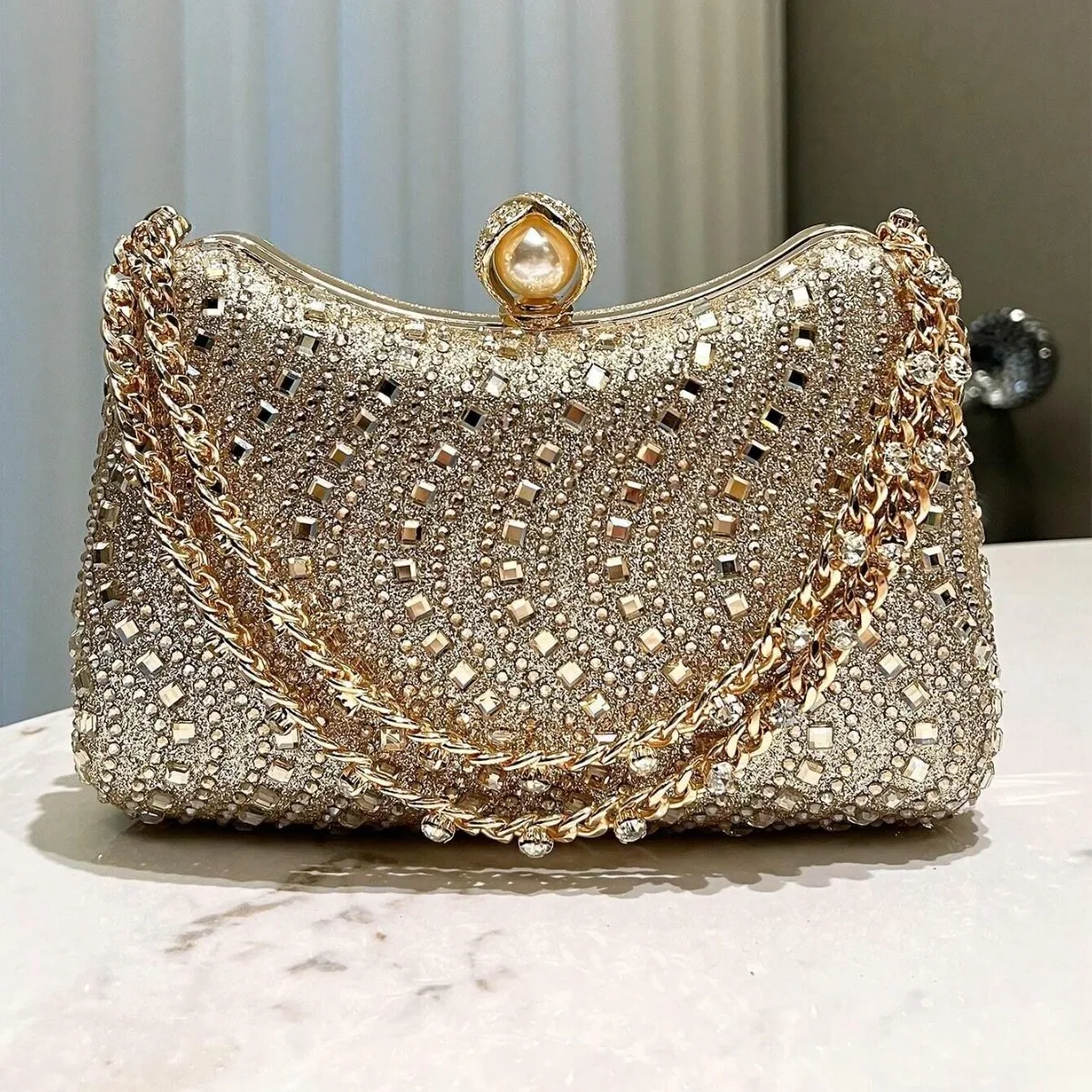 Fine Rhinestone Diamond Inlay Dinner Evening Bag Retro Luxury Gold Silver Blue Small Clutch For Women Wedding Party Shoulder Bag
