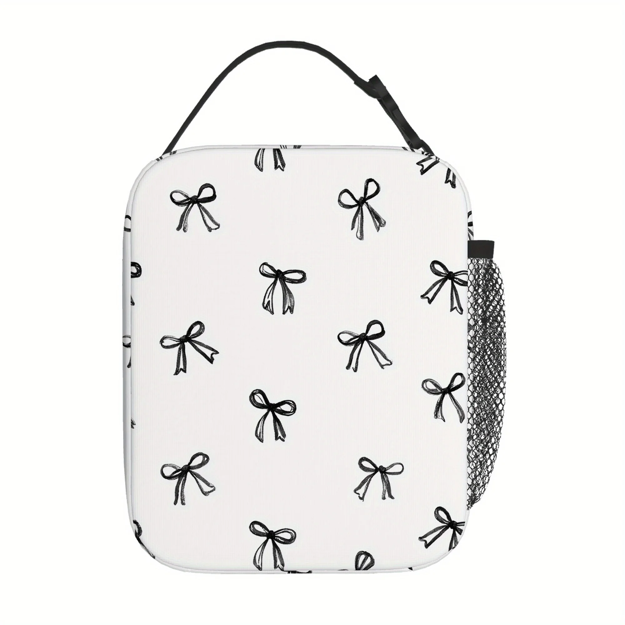 Hand-Drawn Bow Print Insulated Thermal Bag - Reusable, Portable, No-Food Contact, Ideal for Home, Office, Restaurant Use