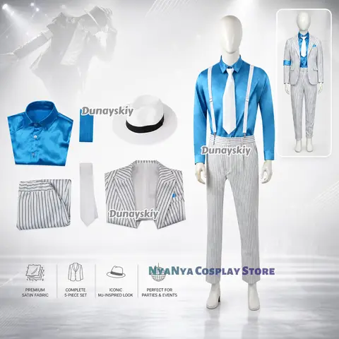 Michael Jackson Cosplay Costume MJ BAD Smooth Criminal Stage Suits White Stripe Suit Pant Hat Set Halloween Carnival