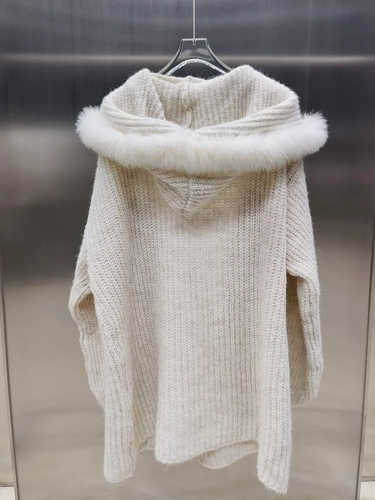 春秋暖かいセーターキツネの毛皮のフード付きカーディガン女性女性無地 Jackrt Femeale 高級コート