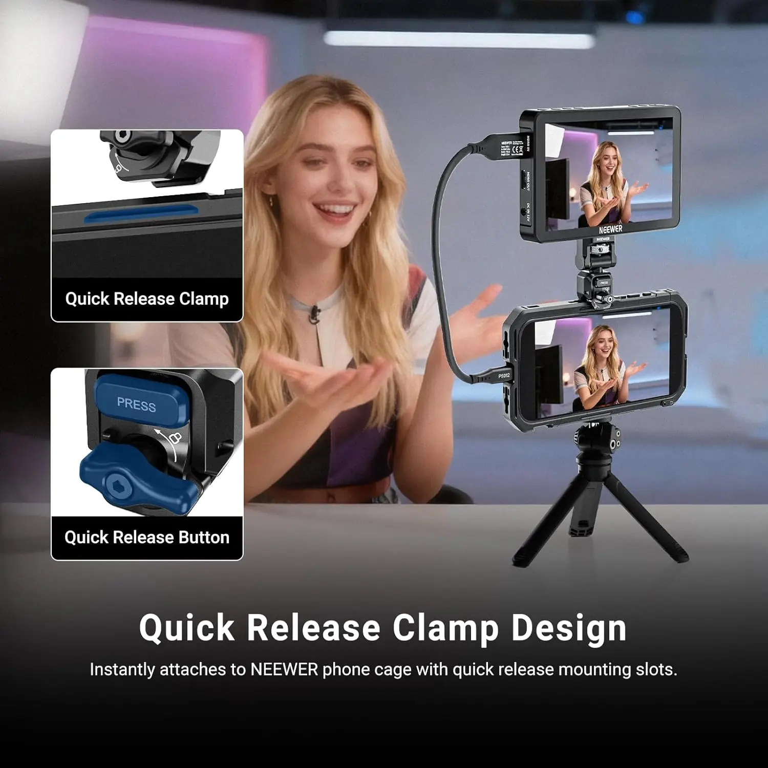 NEEWER Schnellverschluss-Monitorhalterung für Telefonkäfig, Video-Rig-Stabilisator, Zubehörhalter für mobile Fotografie – Detail 6