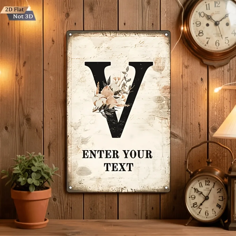 CIFbuy Custom Text Rectangle Metal Sign,Floral Letter V Vintage Wall Decor (Only For Decoration)