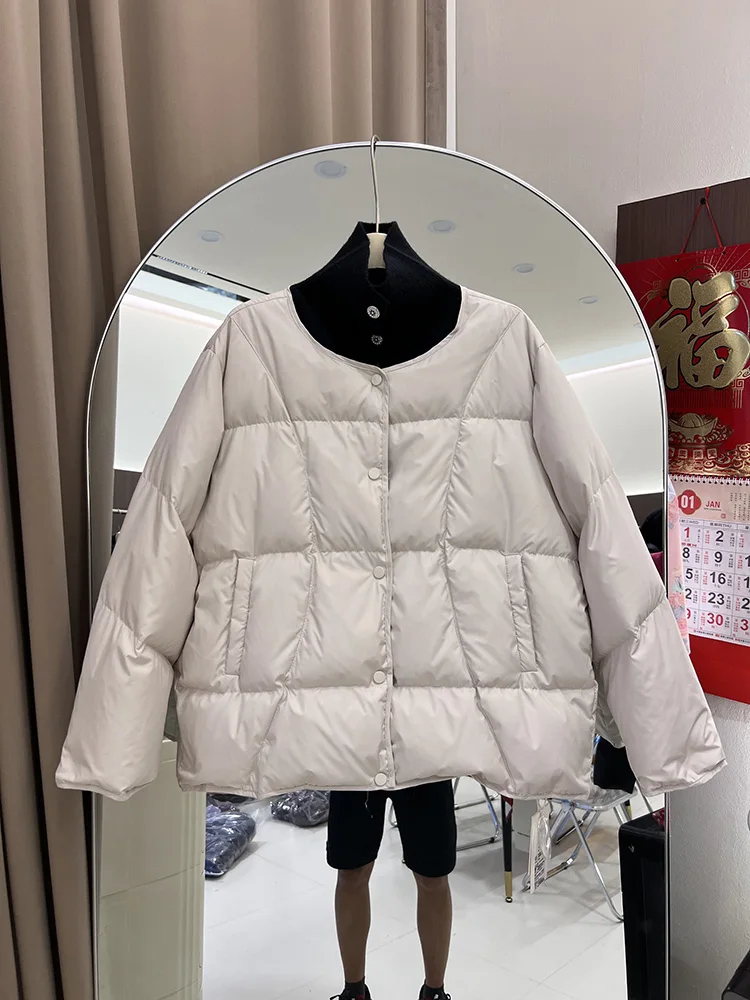 2025 mulheres nova malha emenda para baixo jaqueta feminina estilo curto literário e artístico versátil solto pato branco para baixo jaqueta