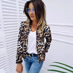 Womens Leopard Print Jacket Stand Up Collar Zipper Cardigan