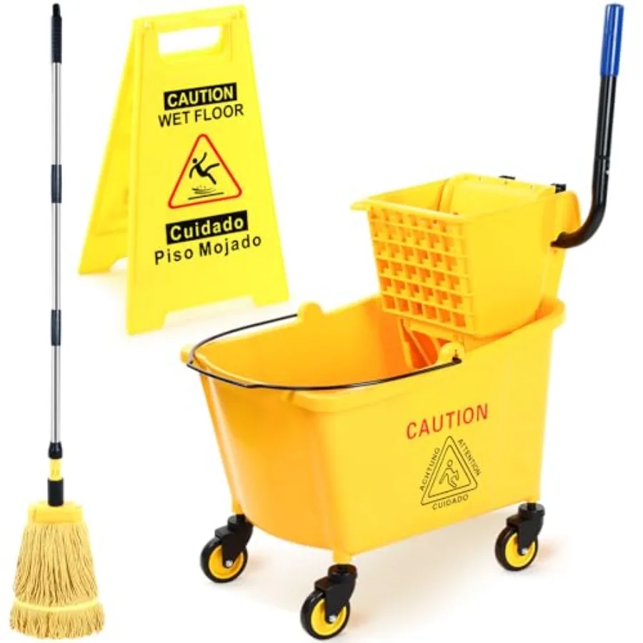 

35-литровое коммерческое ведро для швабры с боковым приводом на колесах Желтое промышленное ведро для швабры и ведра с предупреждающим знаком для пола