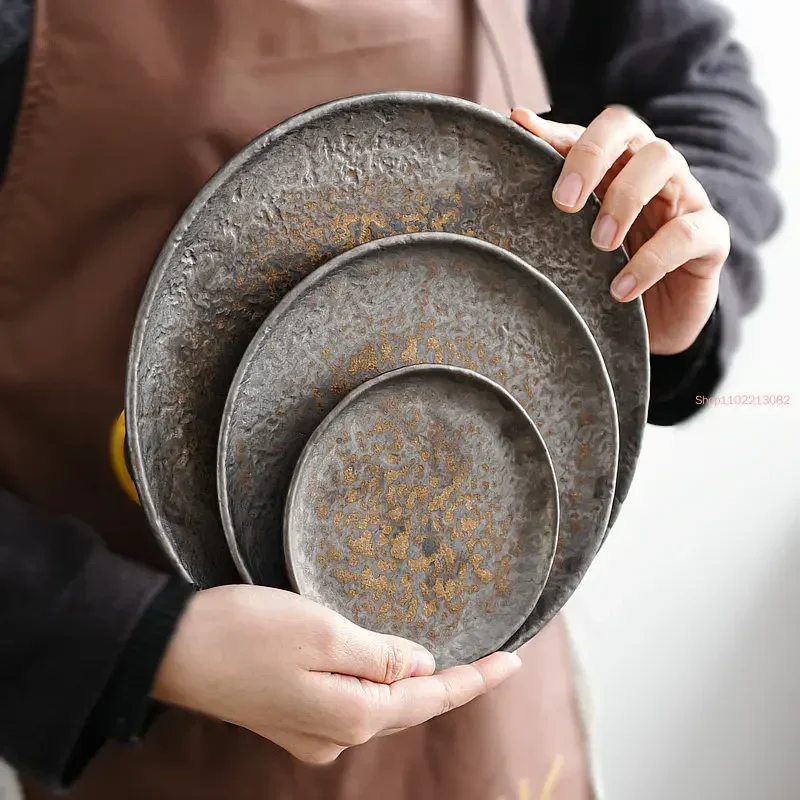 Stoneware Hammer Pattern Shallow Plate Hotel Round Western Food Steak Plate Tableware Snack Salad Fruit Sushi Plate Tableware