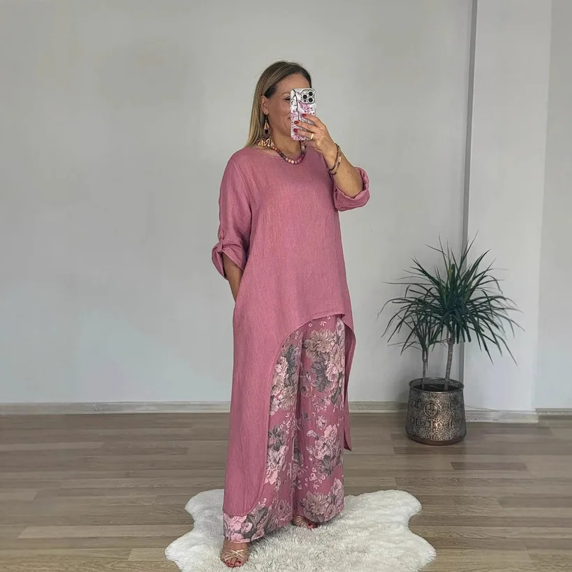 Conjunto informal de dos piezas de lino y algodón para mujer, Top Irregular, pantalones de pierna ancha con bolsillos, ropa cómoda de moda 2025