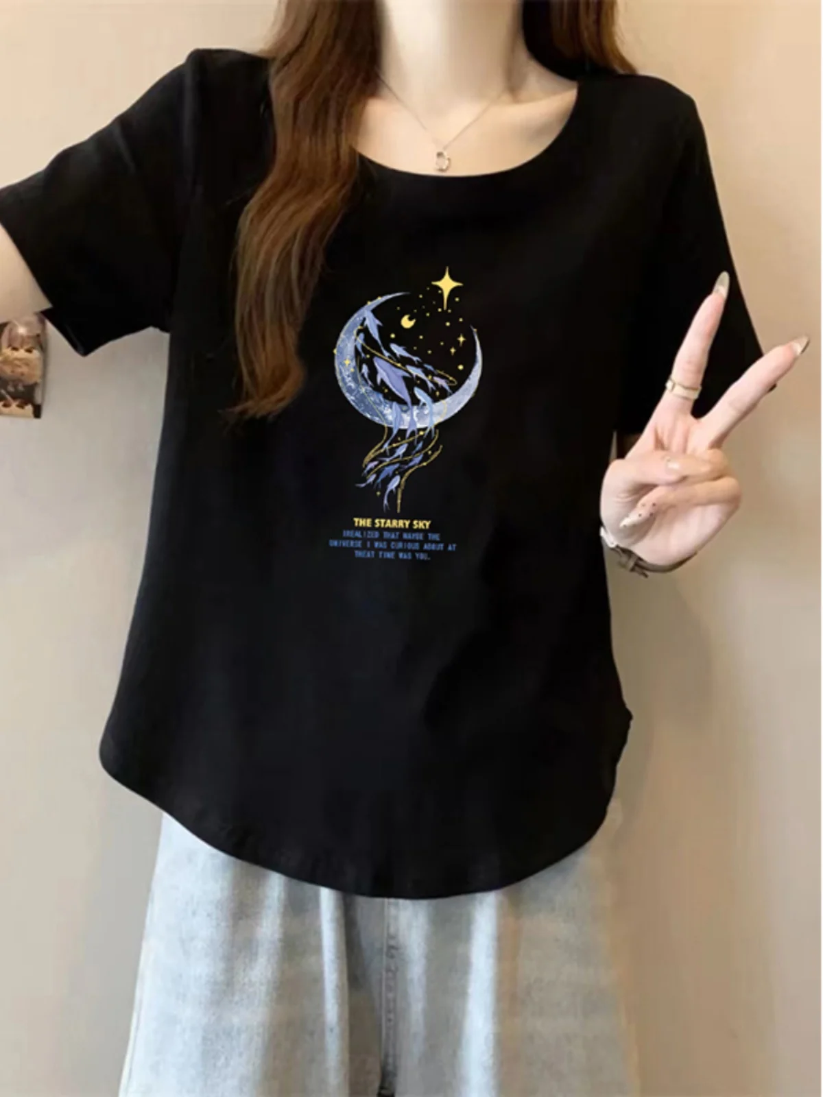 Summer 2024 Women's Loose Short Sleeve T-Shirt Pure Cotton Half Sleeve Basic Fit Casual Style round Neck Print Top