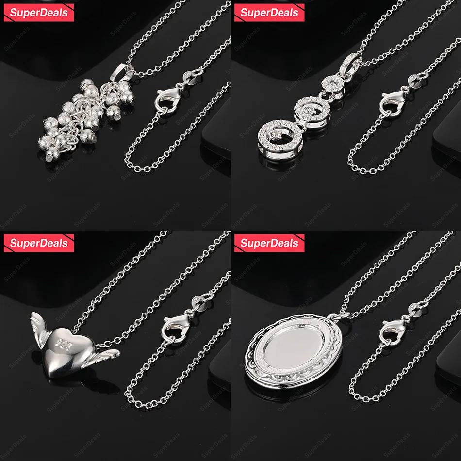 

SuperDeals 925 Sterling Silver Grape Bead Heart Oval Photo Frame Round Pendant Necklace Women Fashion Jewelry Wedding Party Gift