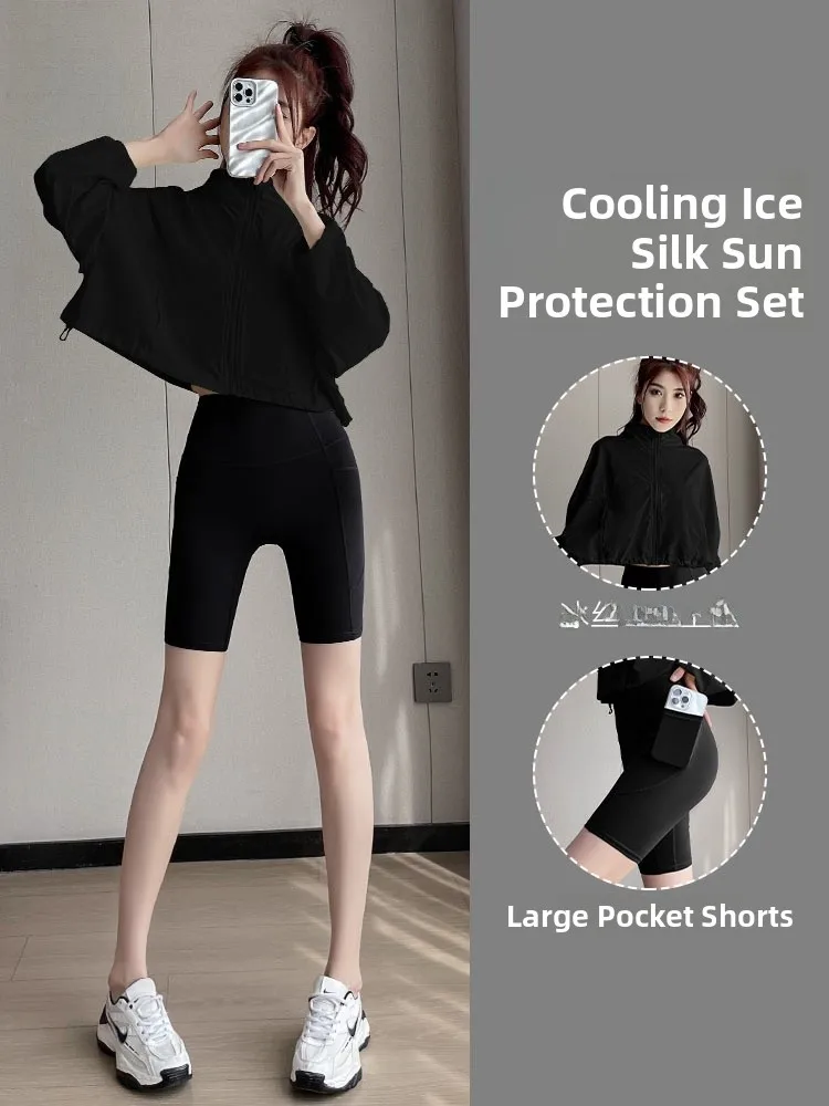

High Waist Yoga Suit Set Women's Summer Fitn Outfit Five-Quarter Length Tummy Control Sun Protection Top And orts
