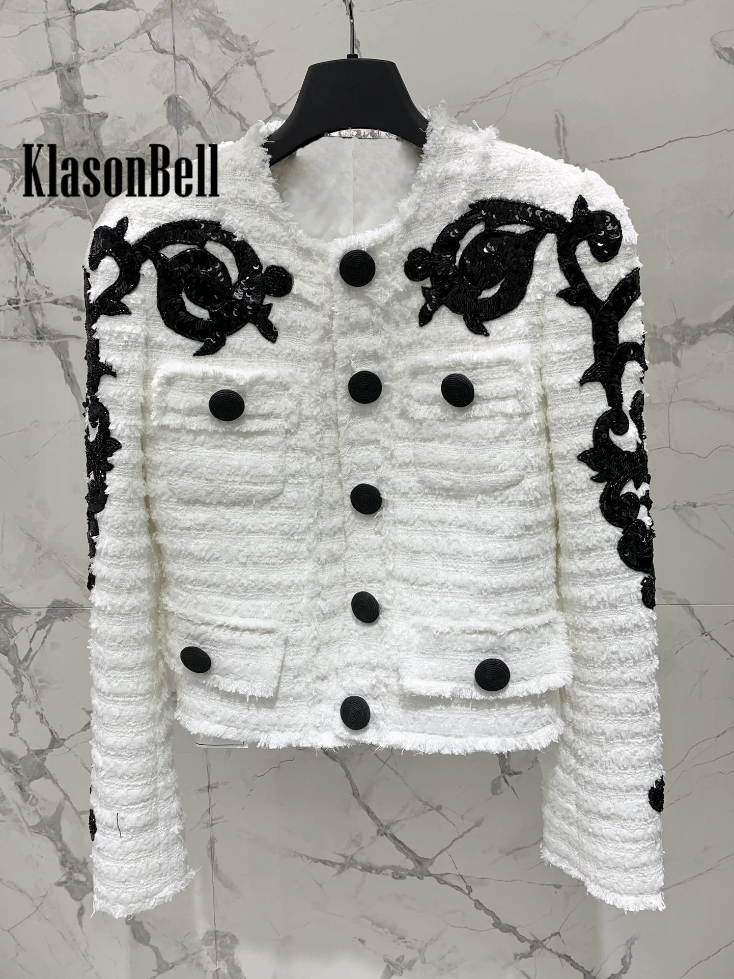 8.3 KlasonBell Women Fashion Elegant Sequin Embroidery Beading Print O-Neck Pocket Jacket Or Back Zipper Short Skirt Tweed Set