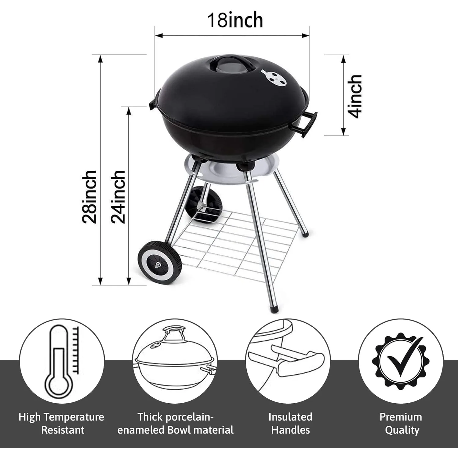 18 Inch Portable Charcoal Grill with 4 Legs and Wheels for Outdoor Cooking Barbecue Camping BBQ Coal Kettle - Heavy Duty Round