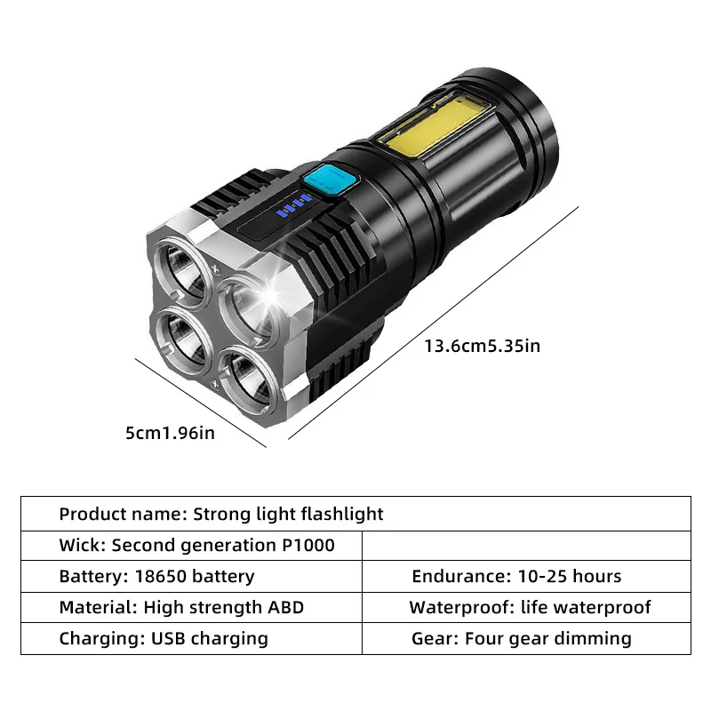 Strong Light Flashlight Camping Torch Rechargeable Multifunctional Portable Hand Lantern with 4 Lamp Beads and COB Side Light