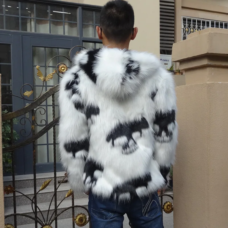 Spliced Fox Fur Coats Men Faux Fur Single Breasted Hooded Cardigan Outerwear Jacket Warm Fur Pockets High Street Winter
