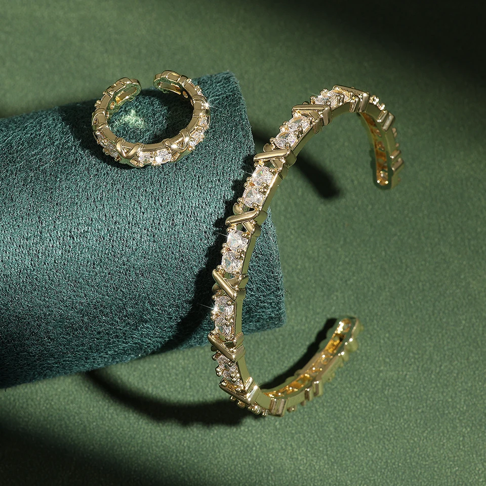 Yupsk كلاسيكي AAA الزركون C على شكل الكفة سوار خاتم مجموعة للنساء الصليب تصميم تشيكوسلوفاكيا المشاركة مجوهرات الزفاف #3