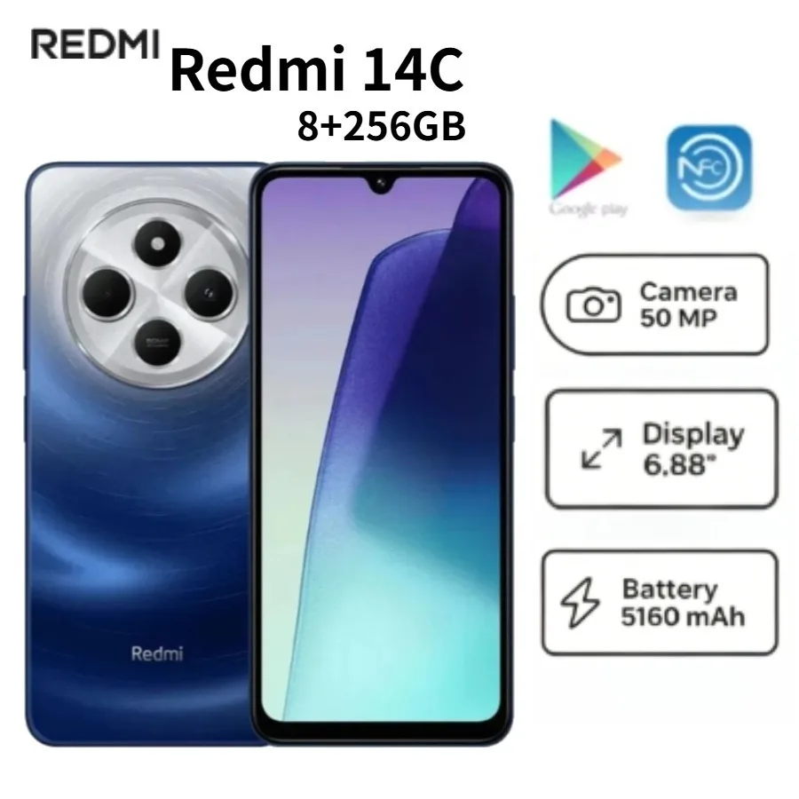 2026 New Redmi 14C Global Version Factory Unlocked Dual SIM Android Smartphone 8GB RAM 256GB 6.88 Inch Smooth 120Hz HD Display