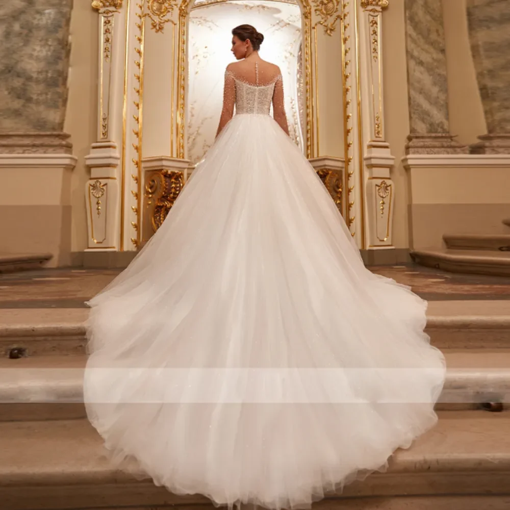 Robe de Mariée Trapèze en Tulle à Manches sulfpour Femme, Col Rond, Perles, lèvent, Fermeture Éclair au Dos, Patients, Quelle que soit la Collection Éducative