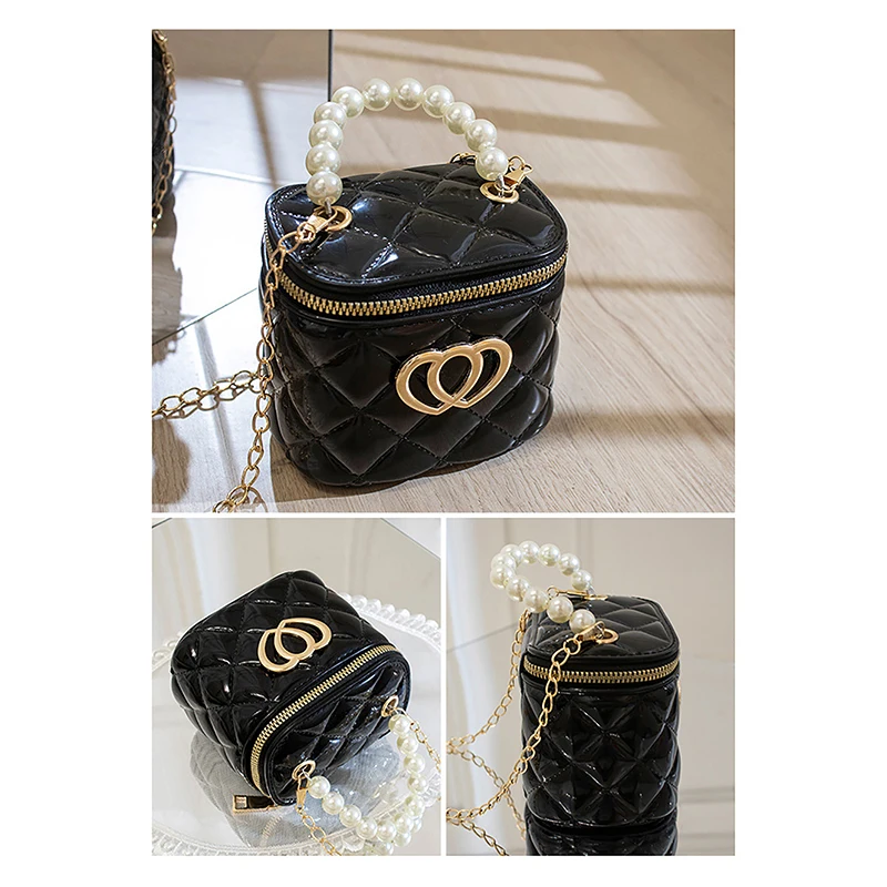 Koreaanse Stijl Mode Kleine Emmer Tas Dames Handtas Meisjes Mini Tas Pvc Tas Parel Ketting Jelly Bag Eenvoudige Ruit Schoudertas