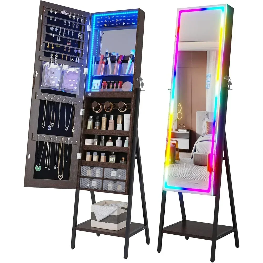 

LED Mirror Jewelry Cabinet,Standing Jewelry Armoire Organizer Full Length Mirror with Storage, Lockable Jewelry Mirror