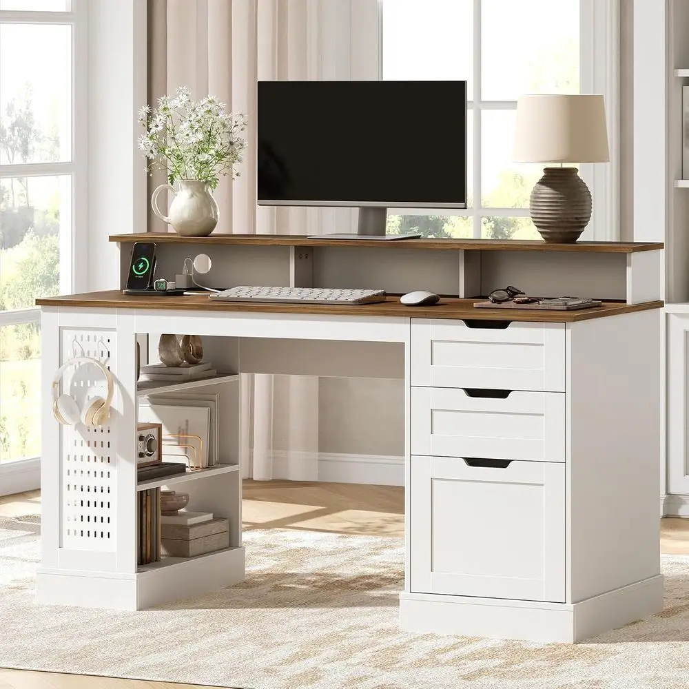 

Executive 55 Desk with 2 Drawers, File Cabinet, 3-Tier Shelf, Charging Station, and Monitor Mount in White & Walnut