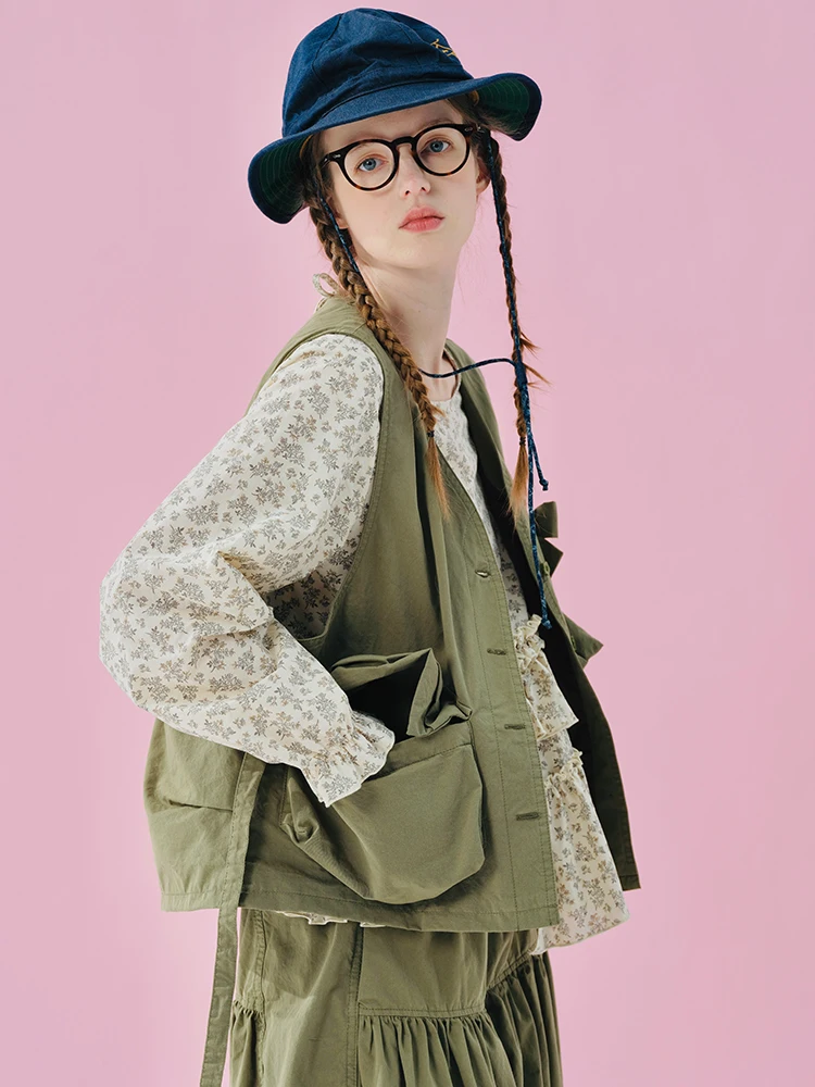 IMAKOKONI original design cardigan green pocket bow sleeveless jacket versatile vest for women 254994