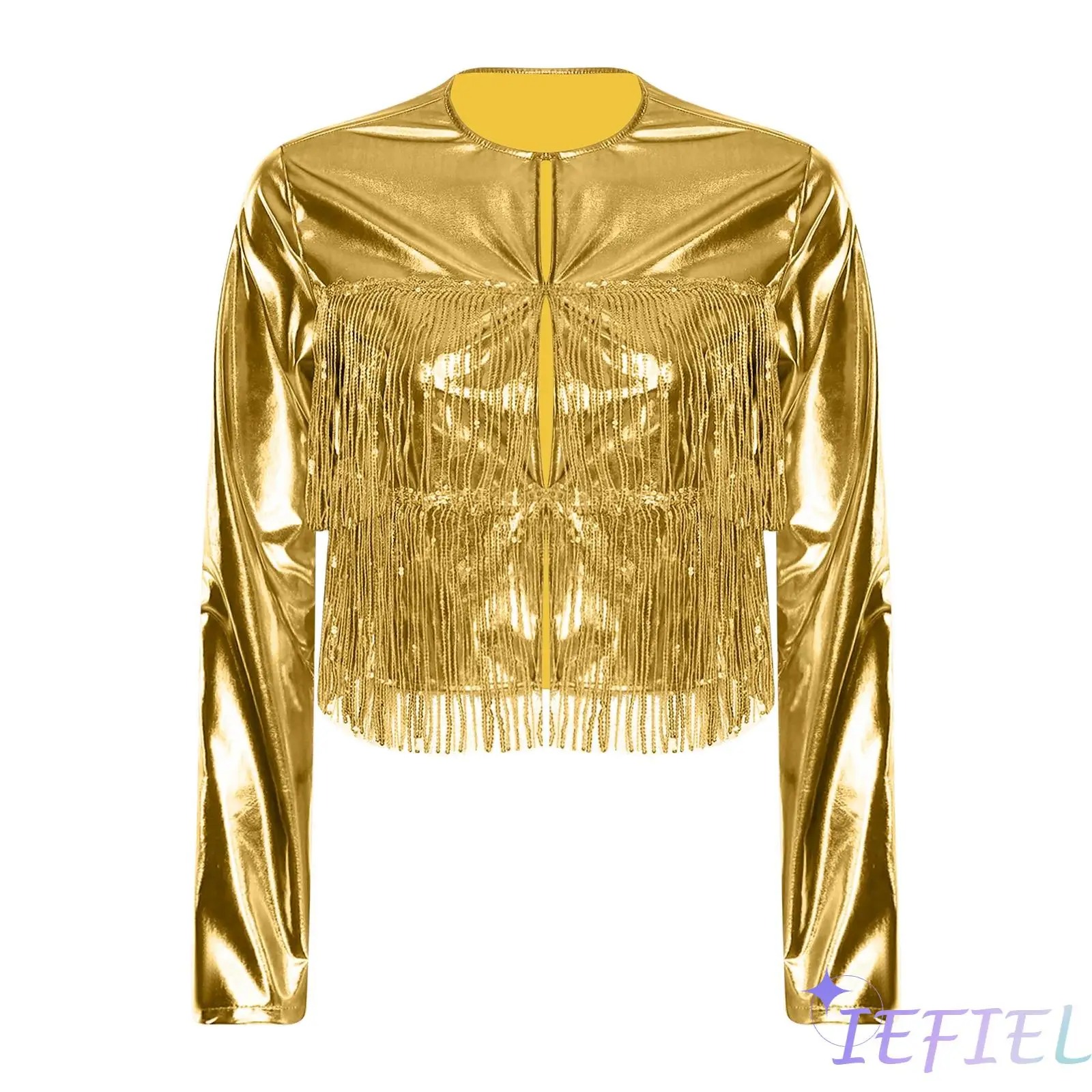 

Womens Jazz Street Dance Jacket Metallic Shiny Fringe Tiered Sequin Tassel Long Sleeve Coat for Cowgirl Party Rock Overcoat