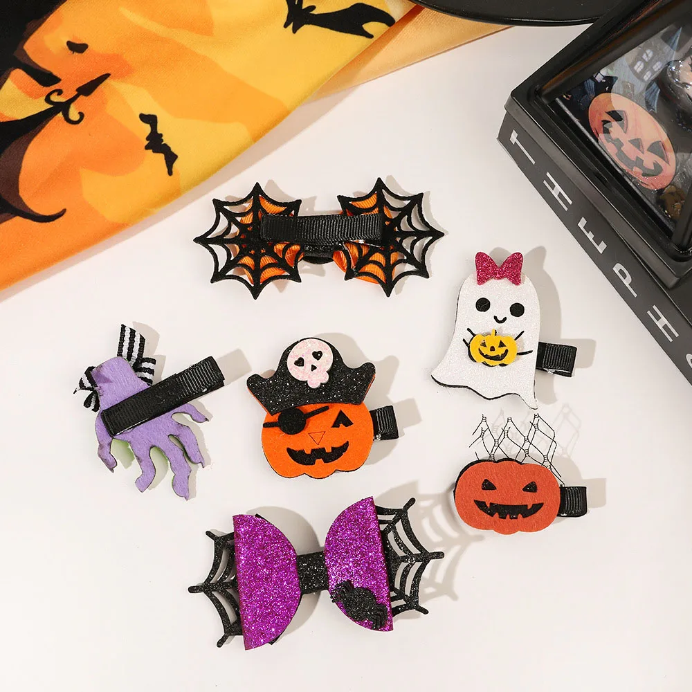 1pcs Halloween Hair Accessories Headdress Glitter Bows Spider Hair Clip Pumpkin Hair Bow Ghost Hair Barrette