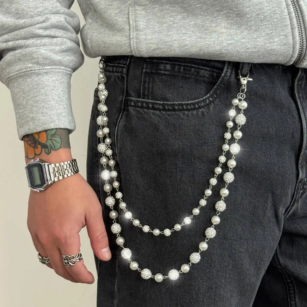Salircon Hip Hop Trendy Imitation Pearl Rhinestone Ball DoubleLayer Pants Chain Men Simple Trouser Jeans Chain Keychain Jewelry